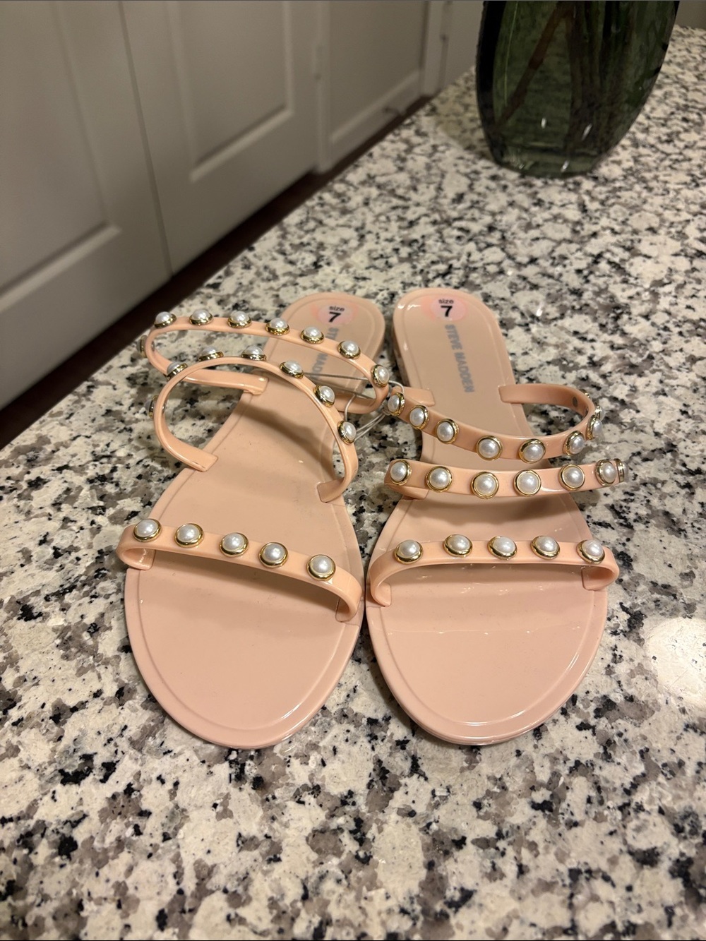 Steve Madden Pearl-Studded Nude Pink Strappy Flat Sandals